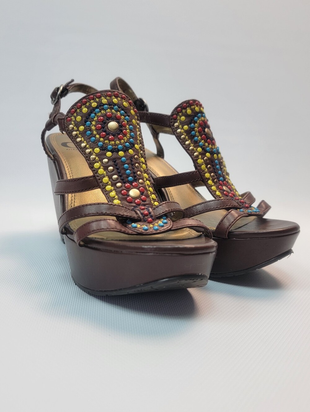 Gianni Bini Ankle Strap Color Beaded Brown Leather Sandals Wedge Platform Sz 7M.